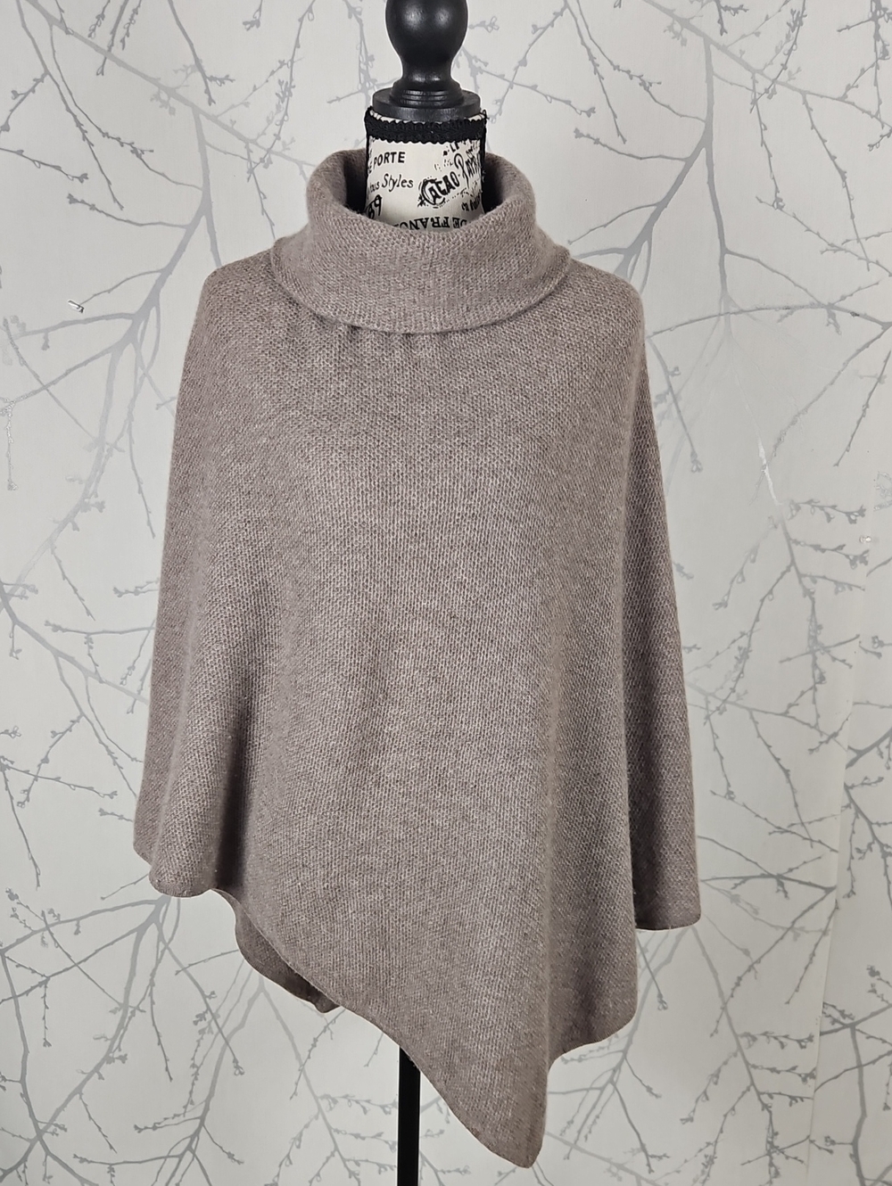 Ply Cashmere Beige Taupe 100% Cashmere Knit Cowl Neck Poncho